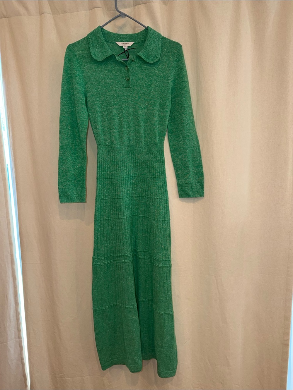 LK Bennett Green Long-Sleeve Collared Knit Midi Dress